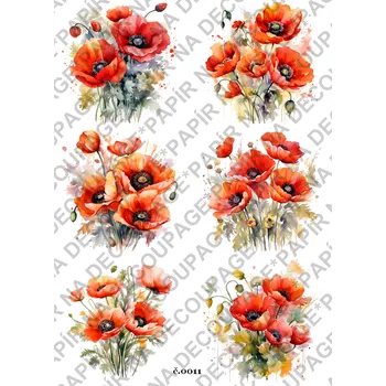 Umělecký papír Rýžový a soft papír na decoupage - Vlčí máky - KB011 Materiál: Soft, Rozměr: A4