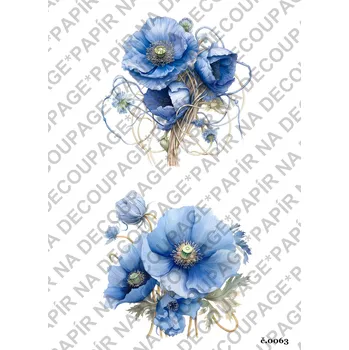 Umělecký papír Rýžový a soft papír na decoupage - Vlčí máky modré - KB063 Materiál: Soft, Rozměr: A4