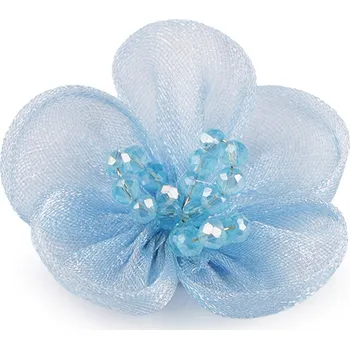 Organzový květ s broušenými korálky k našití a nalepení Ø4,5 cm, barva 8 (34) modrá světlá