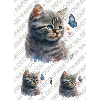 Umělecký papír Rýžový a soft papír na decoupage - Kočička s motýlem - KB0429 Materiál: Soft, Rozměr: A4