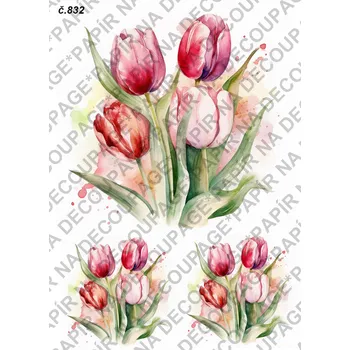 Umělecký papír Rýžový a soft papír na decoupage - Tulipány - KB0832 Materiál: Rýžový papír, Rozměr: A4