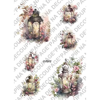 Umělecký papír Rýžový a soft papír na decoupage - Lucerna a květiny - KB0202 Materiál: Rýžový papír, Rozměr: A4