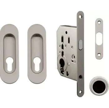 Dveřní kování Set na posuvné dveře oválný, nikl broušený (pro vložku fab) (Zadlabací zámek, madla, protiplech)