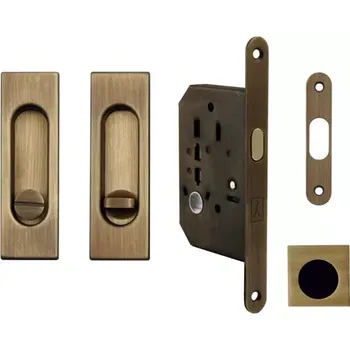 Dveřní kování Set na posuvné dveře hranatý, bronz česaný (WC) (Zadlabací zámek, madla, protiplech)