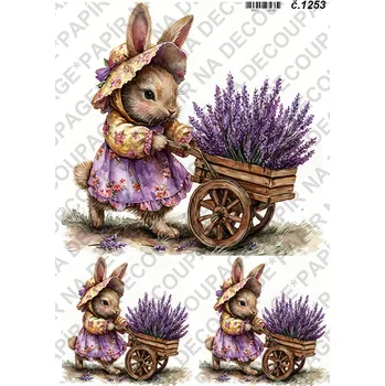 Umělecký papír Rýžový a soft papír na decoupage - Zaječice s levandulí - KB01253 Materiál: Soft, Rozměr: A4