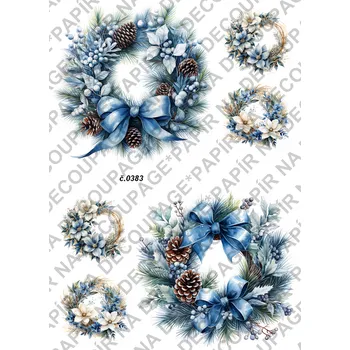 Umělecký papír Rýžový a soft papír na decoupage - Vánoce věnce - KB0383 Materiál: Soft, Rozměr: A4