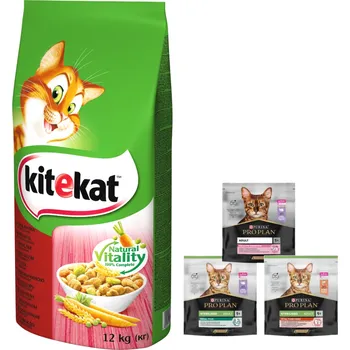 Krmivo pro kočku KITEKAT s hovězím masem a zeleninou 12 kg + PRO PLAN Adult cat food 400g - náhodná dodávka
