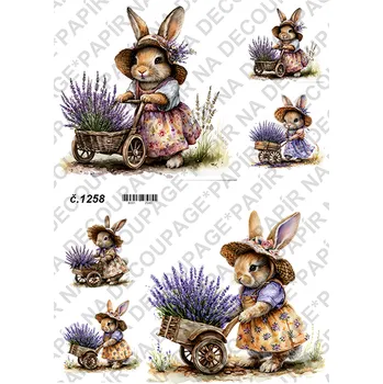 Výtvarný papír Rýžový a soft papír na decoupage - Zaječice s levandulí - KB01258 Materiál: Rýžový papír, Rozměr: A4