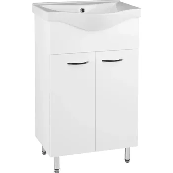 Koupelnový nábytek EBS K-Plus Stojící Koupelnová Skříňka s Umyvadlem 55 cm, Dvě Dvířka (Bílá Lesklá), Včetně Kovových Nožiček, 55 x 45 x 90 cm