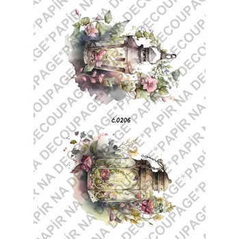 Umělecký papír Rýžový a soft papír na decoupage - Lucerna a květiny - KB0206 Materiál: Soft, Rozměr: A4