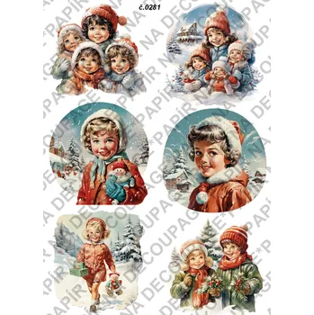 Umělecký papír Rýžový a soft papír na decoupage - Děti v zimě - KB0281 Materiál: Soft, Rozměr: A4