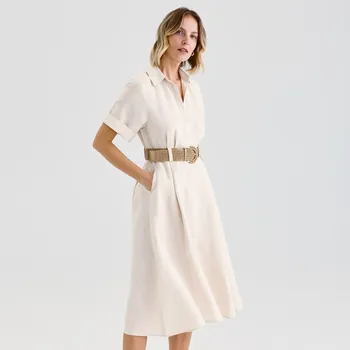 Dámské šaty Reserved - Midi šaty s příměsí lnu - béžová - 5139V-08X - 5139V-08X-XXL