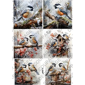 Umělecký papír Rýžový a soft papír na decoupage - Ptáci v zimě - KB0247 Materiál: Soft, Rozměr: A4