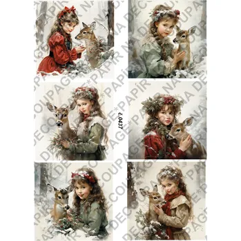 Umělecký papír Rýžový a soft papír na decoupage - Holčička s jelínkem - KB0437 Materiál: Soft, Rozměr: A4