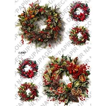 Umělecký papír Rýžový a soft papír na decoupage - Vánoce věnce - KB0387 Materiál: Soft, Rozměr: A4