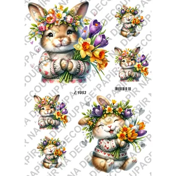 Umělecký papír Rýžový a soft papír na decoupage - Zajíc s jarní kyticí - KB01053 Materiál: Soft, Rozměr: A4