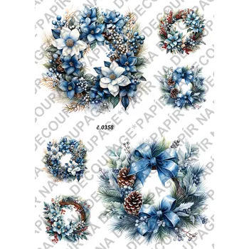 Umělecký papír Rýžový a soft papír na decoupage - Vánoce věnce - KB0358 Materiál: Soft, Rozměr: A4