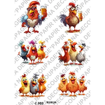 Umělecký papír Rýžový a soft papír na decoupage - Veselé slípky - KB0980 Materiál: Soft, Rozměr: A4