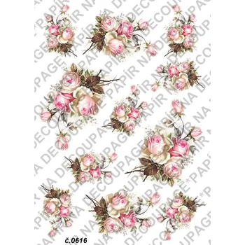 Umělecký papír Rýžový a soft papír na decoupage - Růžičky - KB0616 Materiál: Soft, Rozměr: A4