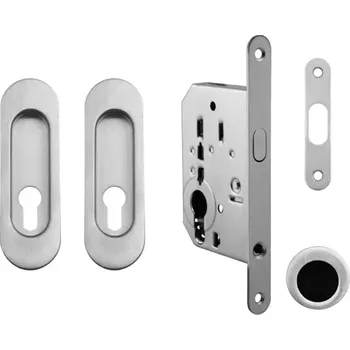 Dveřní kování Set na posuvné dveře oválný, chrom broušený (pro vložku fab) (Zadlabací zámek, madla, protiplech)