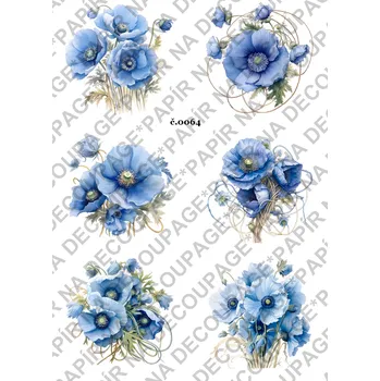 Umělecký papír Rýžový a soft papír na decoupage - Vlčí máky modré - KB064 Materiál: Soft, Rozměr: A4
