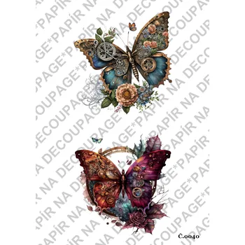 Výtvarný papír Rýžový a soft papír na decoupage - Steampunk motýl - KB040 Materiál: Rýžový papír, Rozměr: A4