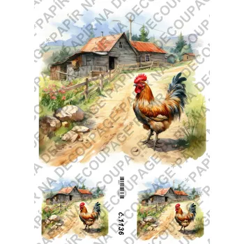 Umělecký papír Rýžový a soft papír na decoupage - Vesnické stavení, Kohout - KB01136 Materiál: Soft, Rozměr: A4