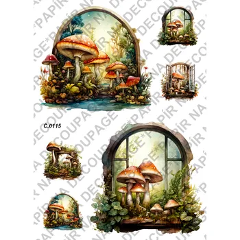 Umělecký papír Rýžový a soft papír na decoupage - Okno, podzim, houby - KB0115 Materiál: Soft, Rozměr: A4