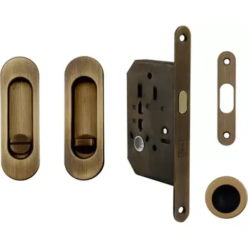 Dveřní kování Set na posuvné dveře oválný, bronz česaný (WC) (Zadlabací zámek, madla, protiplech)