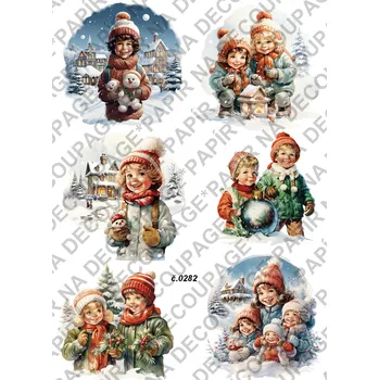 Umělecký papír Rýžový a soft papír na decoupage - Děti v zimě - KB0282 Materiál: Soft, Rozměr: A4