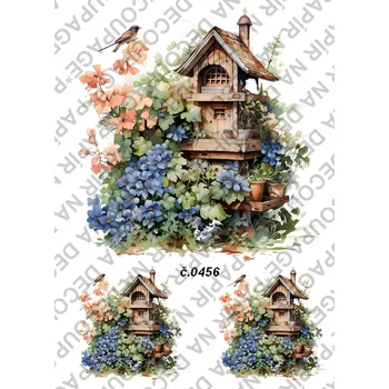 Umělecký papír Rýžový a soft papír na decoupage - Budka, ptáčci - KB0456 Materiál: Soft, Rozměr: A4