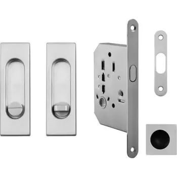 Dveřní kování Set na posuvné dveře hranatý, chrom broušený (WC) (Zadlabací zámek, madla, protiplech)
