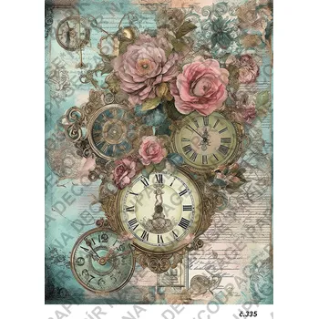Umělecký papír Rýžový a soft papír na decoupage - Hodiny vintage - KB0335 Materiál: Soft, Rozměr: A4