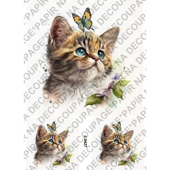 Umělecký papír Rýžový a soft papír na decoupage - Kočička s motýlem - KB0427 Materiál: Soft, Rozměr: A4