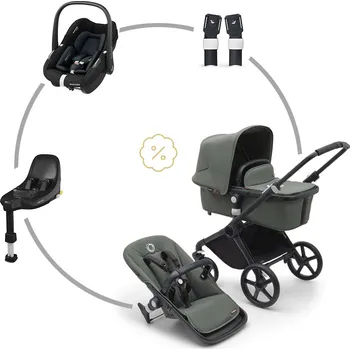 Kočárek Bugaboo Fox Cub komplet + autosedačka Pebble S + základna + adaptéry BLACK/FOREST GREEN