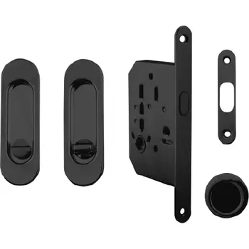 Dveřní kování Set na posuvné dveře oválný, černý (WC) (Zadlabací zámek, madla, protiplech)