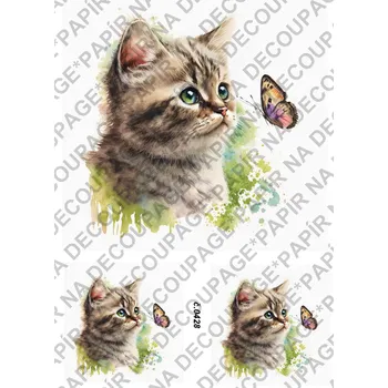 Umělecký papír Rýžový a soft papír na decoupage - Kočička s motýlem - KB0428 Materiál: Soft, Rozměr: A4