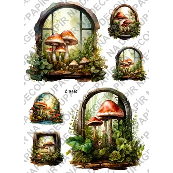 Výtvarný papír Rýžový a soft papír na decoupage - Okno, podzim, houby - KB0119 Materiál: Rýžový papír, Rozměr: A4