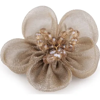 Organzový květ s broušenými korálky k našití a nalepení Ø4,5 cm, barva 5 (22) béžová