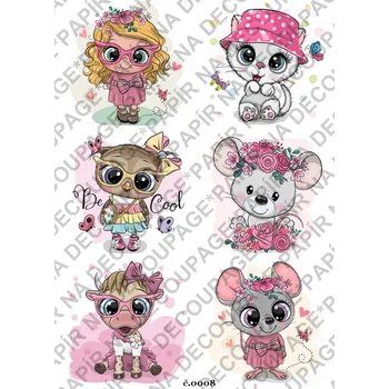 Umělecký papír Rýžový a soft papír na decoupage - Veselá zvířátka - KB08 Materiál: Soft, Rozměr: A4