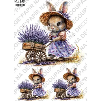 Umělecký papír Rýžový a soft papír na decoupage - Zaječice s levandulí - KB01255 Materiál: Soft, Rozměr: A4