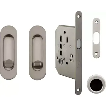 Dveřní kování Set na posuvné dveře oválný, nikl broušený (WC) (Zadlabací zámek, madla, protiplech)