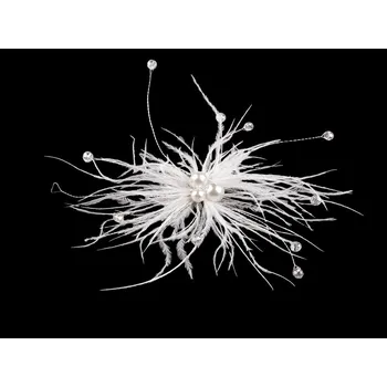 Brož Péřová brož s perlami a broušenými korálky - bílá