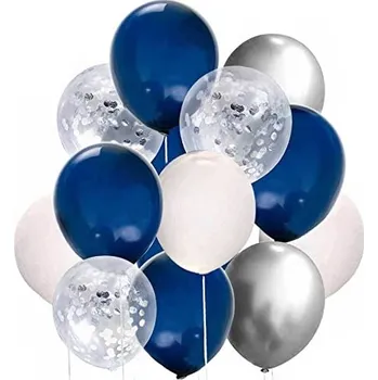 Balónek Tmavě modré balónky s konfetami stříbrné barvy – Módní sada P18