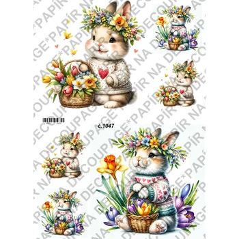 Výtvarný papír Rýžový a soft papír na decoupage - Zajíc s jarní kyticí - KB01047 Materiál: Rýžový papír, Rozměr: A4