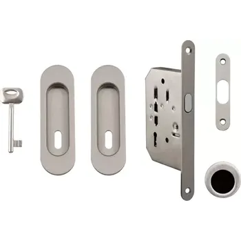 Dveřní kování Set na posuvné dveře oválný, nikl broušený (pro klíč) (Zadlabací zámek, madla, protiplech)