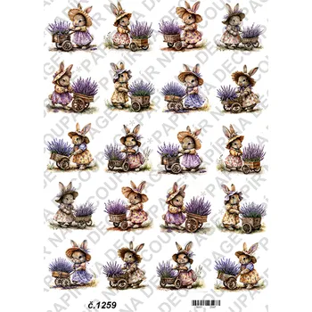 Umělecký papír Rýžový a soft papír na decoupage - Zaječice s levandulí - KB01259 Materiál: Soft, Rozměr: A4