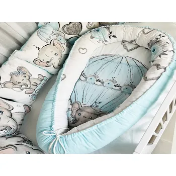 Hnízdečko pro miminko MIMOUŠEK 2-dílný set do postýlky safari slůně modrá