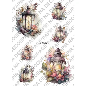 Umělecký papír Rýžový a soft papír na decoupage - Lucerna a květiny - KB0204 Materiál: Soft, Rozměr: A4