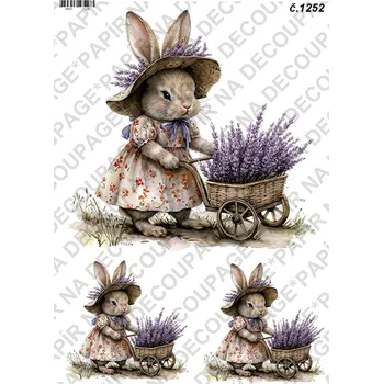 Umělecký papír Rýžový a soft papír na decoupage - Zaječice s levandulí - KB01252 Materiál: Rýžový papír, Rozměr: A4
